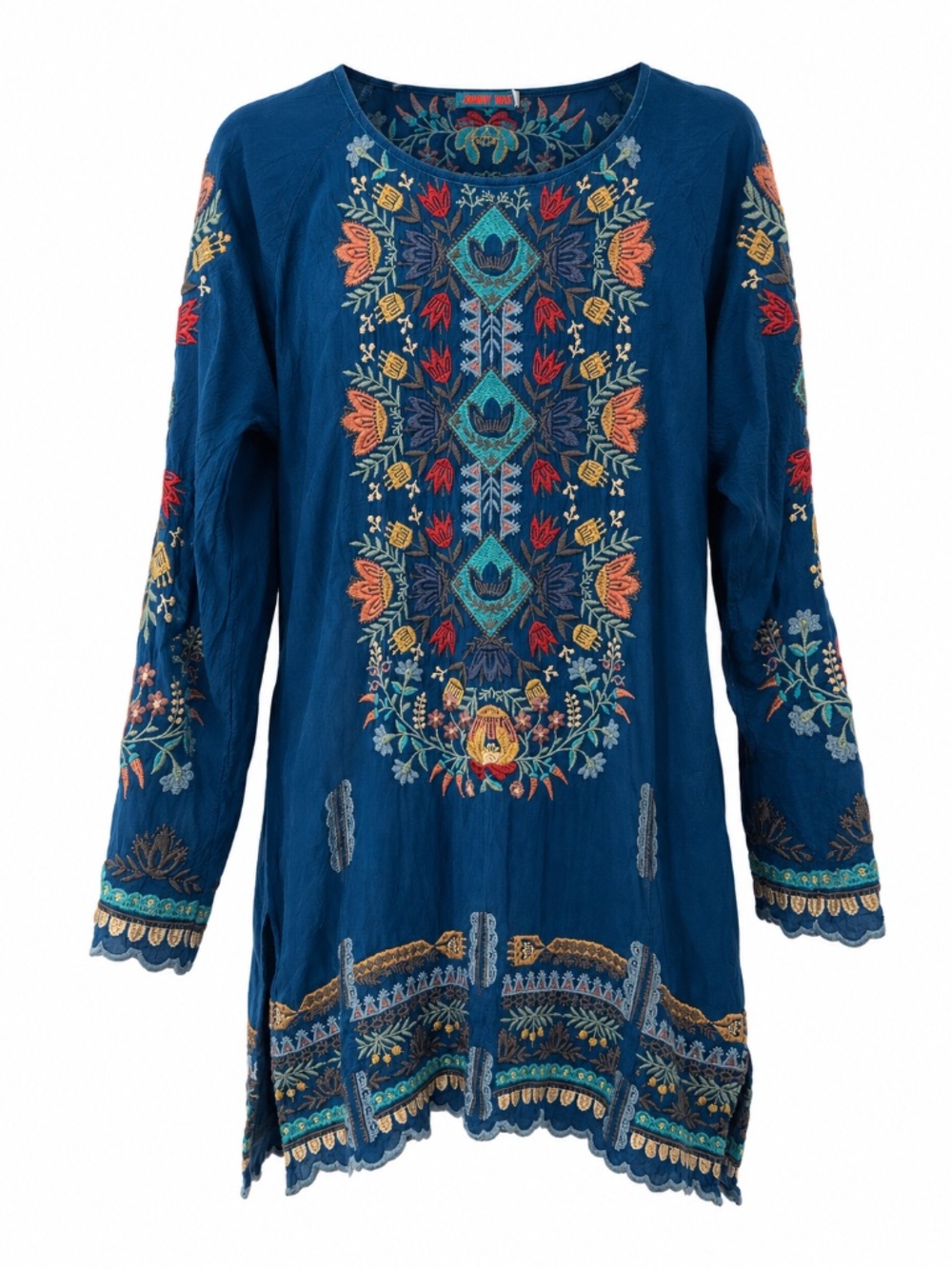 Johnny Was Embroidered Cupra Tunic Top Teal Boho Peasant Blouse Small